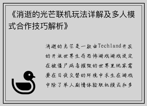 《消逝的光芒联机玩法详解及多人模式合作技巧解析》